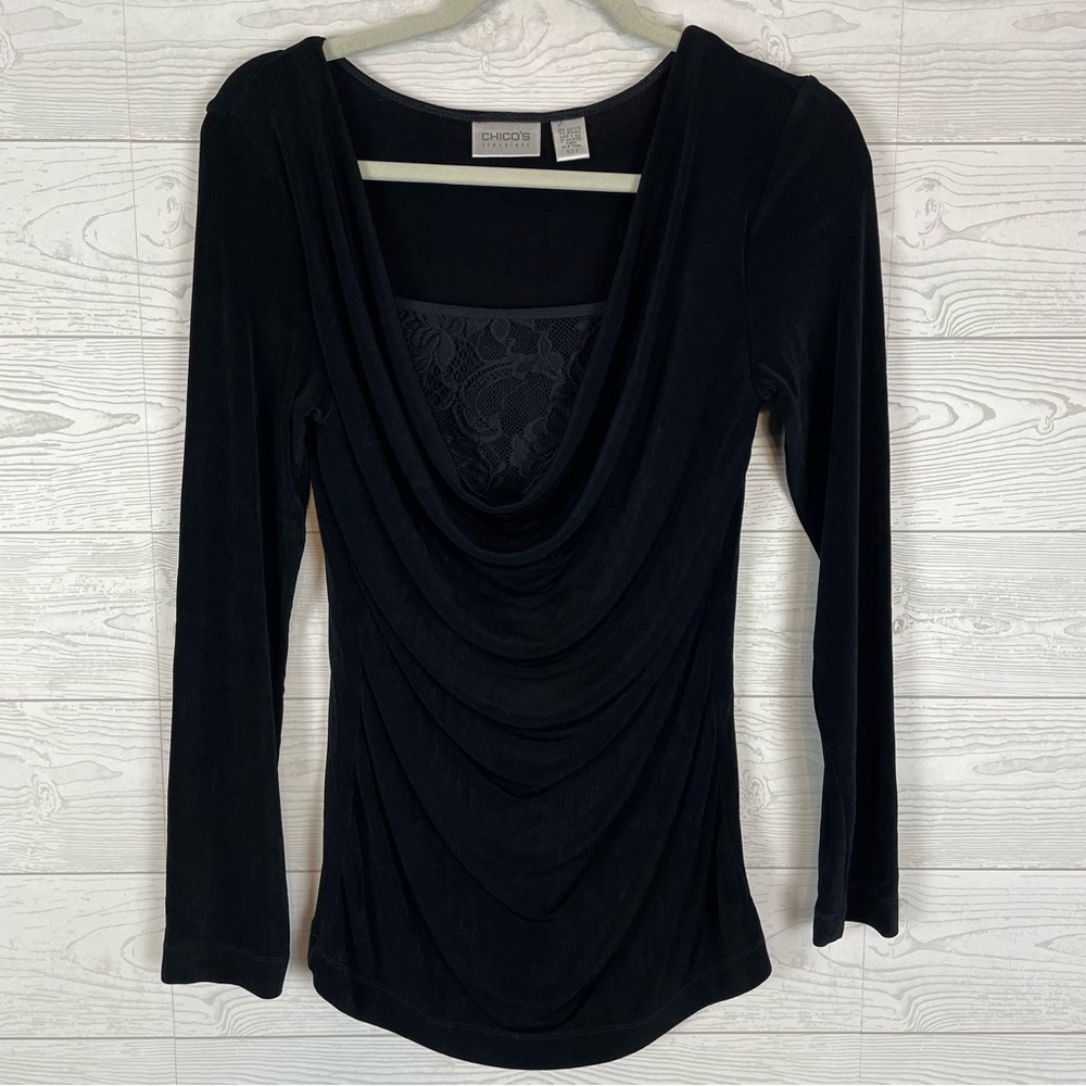 Chico’s Travelers Black Cowl Neck Blouse Size 0 (XS)